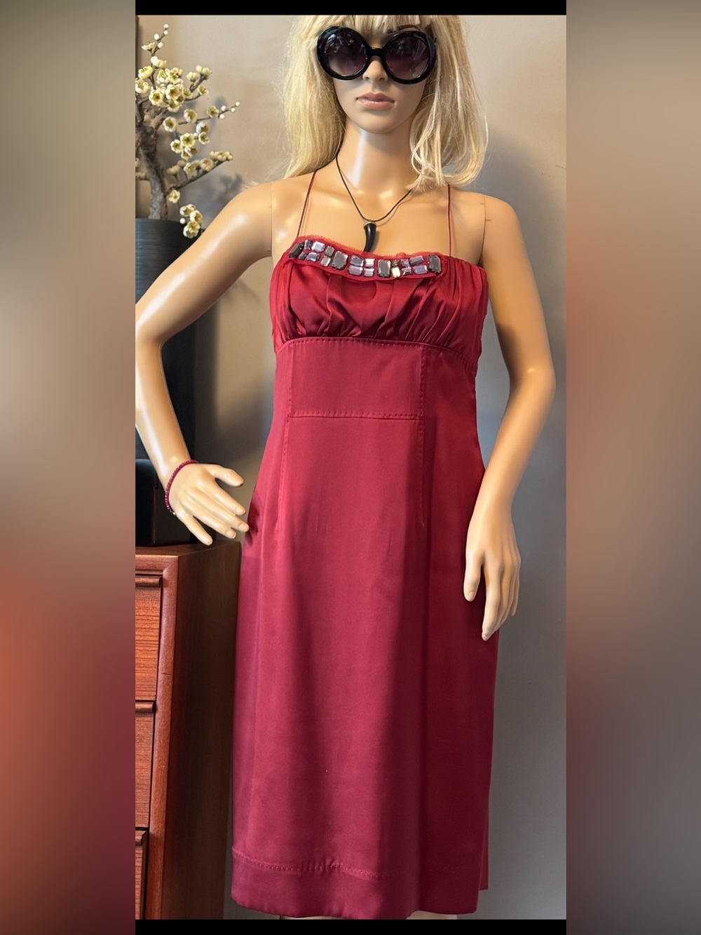 Boss Raspberry Silk Spaghetti Strap Cocktail Dress